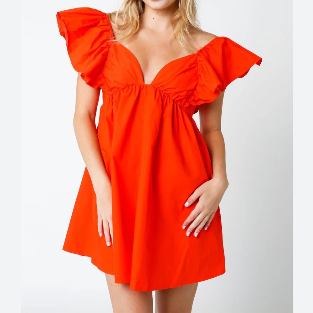 Elegant Orange Ruffle Sleeve Dress